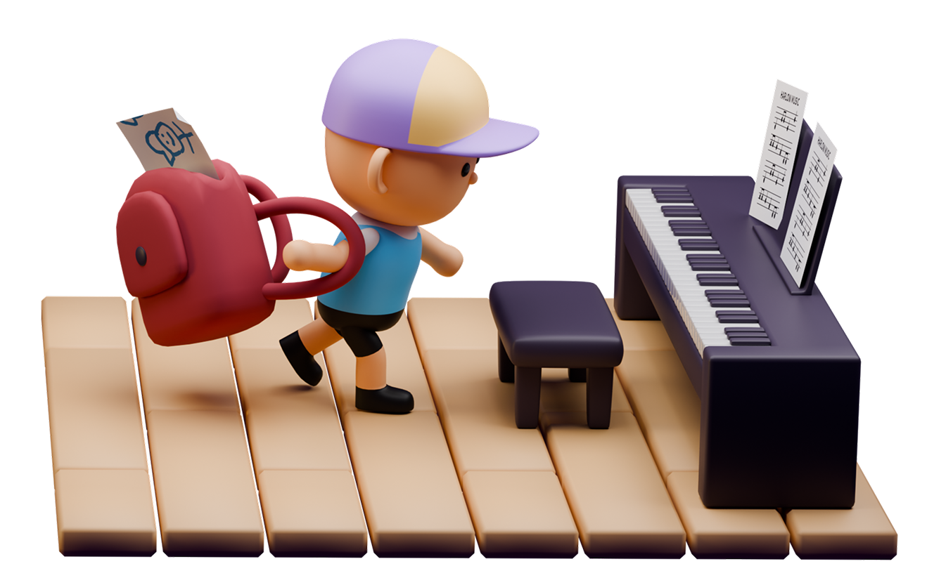 3D image of a child running to his piano.
